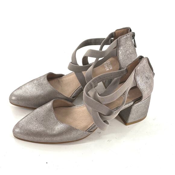 Eileen Fisher Juku Heels 5.5 NWOT Pumps Strappy Comfort Silver Gray Acadeia Prep - Picture 2 of 7
